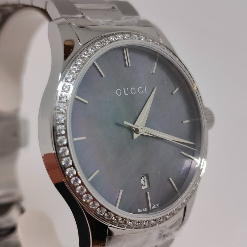 Shop Gucci G Timeless Diamonds Mother of Pearl Blue Dial Silver Steel Strap Unisex Watch - YA126458 in USA