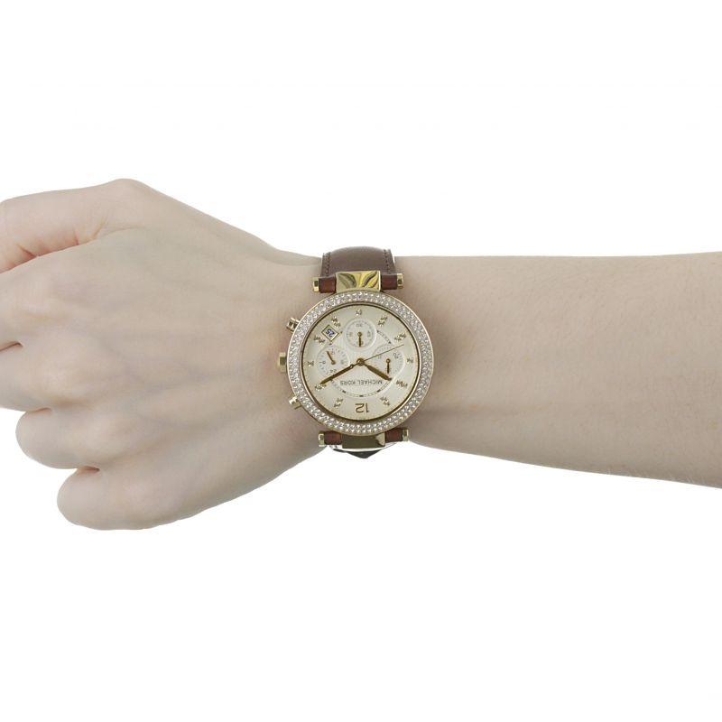 Michael Kors Parker Champagne Gold Dial Brown Leather Strap Watch for Women - MK2249