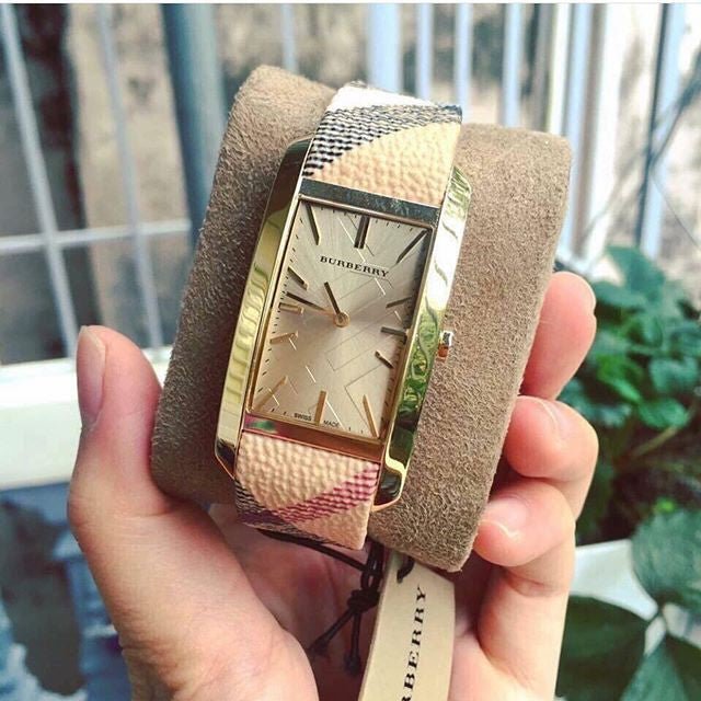 Burberry Pioneer Gold Dial Haymarket Beige Leather Strap Watch for Women - BU9509 Buy Now By Burberry