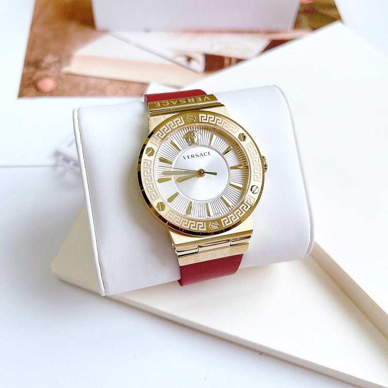 Versace Greca Silver Dial Red Leather Strap Watch for Women - VEVH00420 Buy Now By Versace