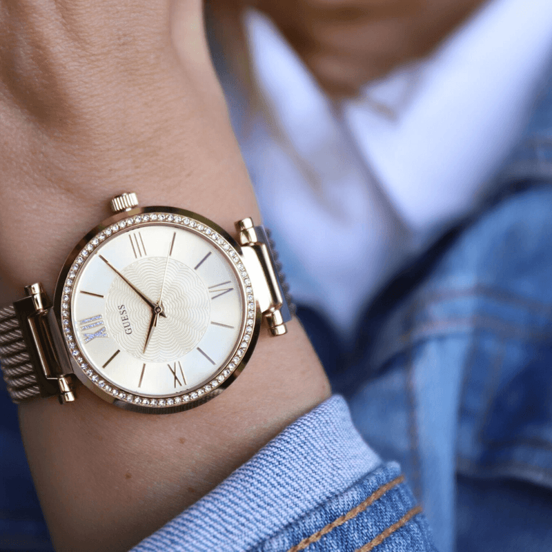Shop Guess Soho Champagne Dial Stainless Steel Mesh Bracelet Watch For Women - W0638L2 in USA