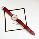 Shop Gucci G Timeless Quartz Diamonds Pink Dial Red Leather Strap Watch For Women - YA1265017 in USA