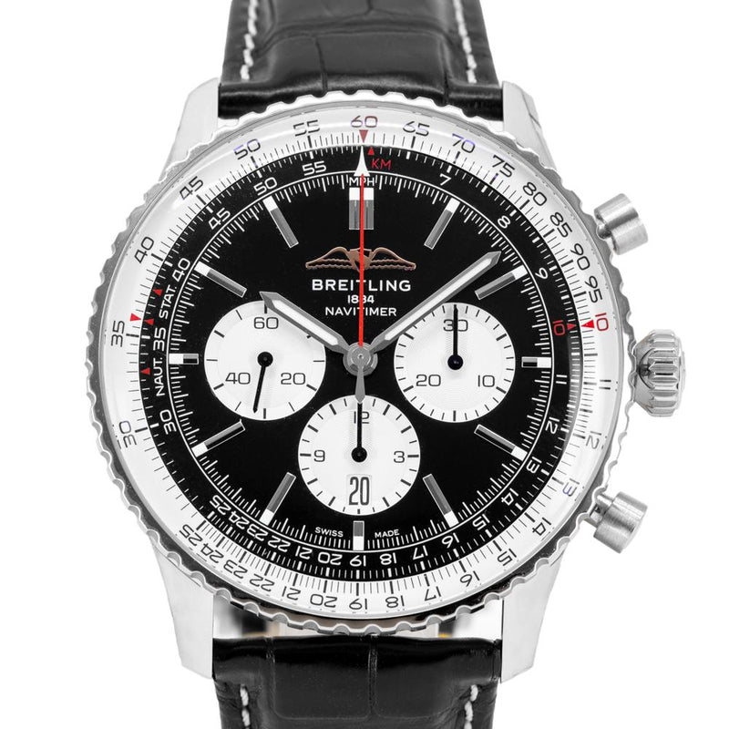 Shop Breitling Navitimer B01 Chronograph 46 Black Dial Black Leather Strap Watch for Men - AB0137211B1P1 in USA