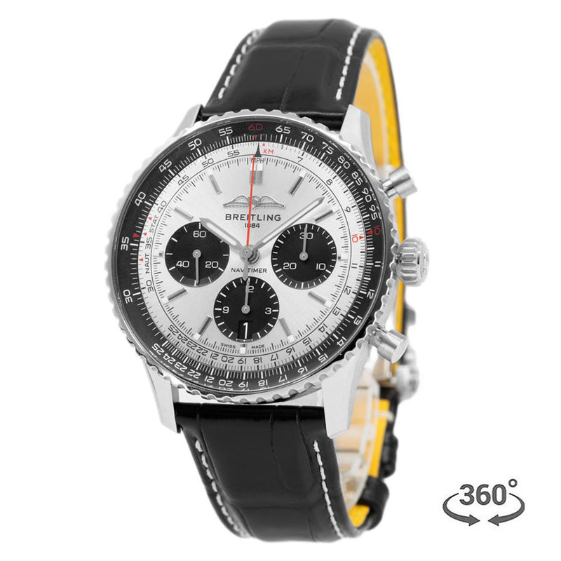 Shop Breitling Navitimer B01 Chronograph 43 Silver Dial Black Leather Strap Watch for Men - AB0138241G1P1 in USA