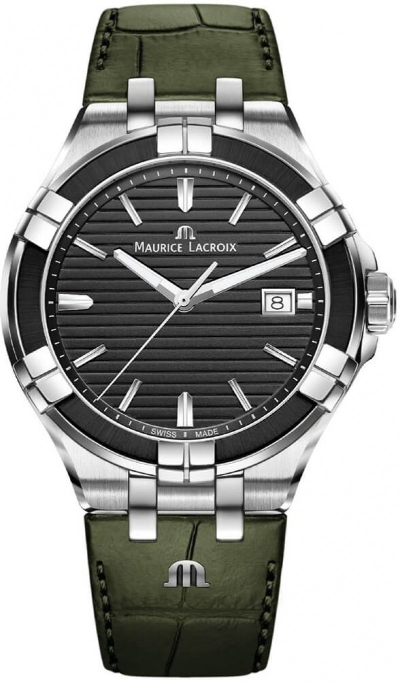 Maurice Lacroix Aikon Quartz Black Dial Green Crocodile Leather Strap Watch for Men - AI1008-PVB21-330-1 Buy Now By Maurice Lacroix