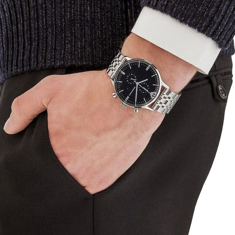 Emporio Armani Chronograph Black Dial Silver Steel Strap Watch For Men - AR0389 Buy Now By Emporio Armani