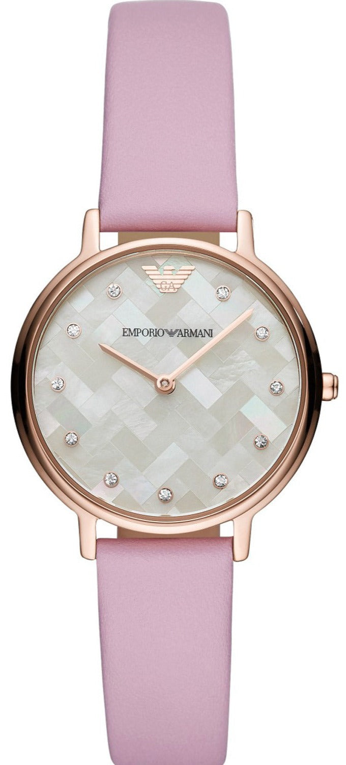 Shop Emporio Armani Kappa Mother Of Pearl White Dial Pink Leather Strap Watch For Women - AR11130 in USA
