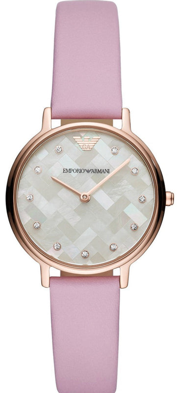 Emporio Armani Kappa Mother Of Pearl White Dial Pink Leather Strap Watch For Women - AR11130