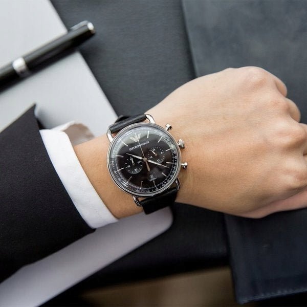 Emporio Armani Aviator Chronograph Black Dial Black Leather Strap Watch For Men - AR11143 Buy Now By Emporio Armani