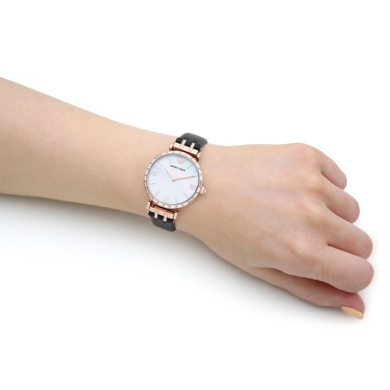 Emporio Armani Gianni T-Bar Mother of Pearl Dial Black Leather Strap Watch For Women - AR11295 Buy Now By Emporio Armani