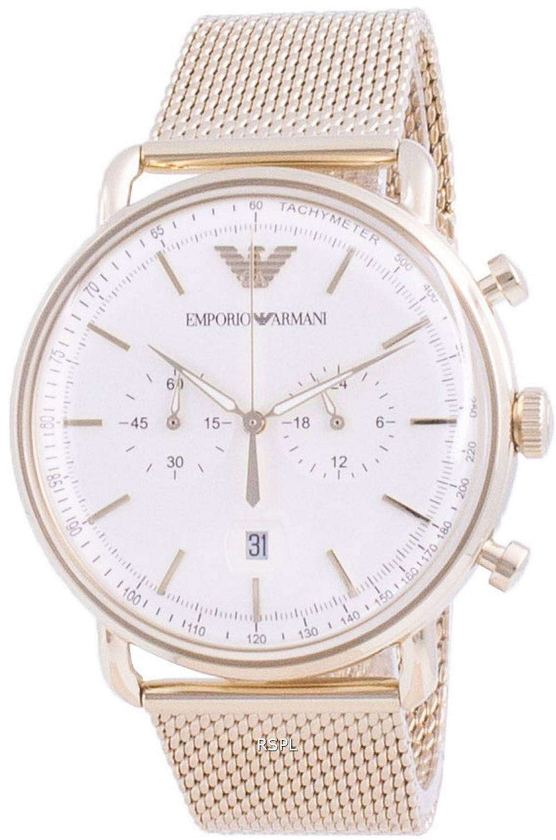 Emporio Armani Aviator Chronograph Quartz Beige Dial Gold Mesh Bracelet Watch For Men - AR11315 Buy Now By Emporio Armani