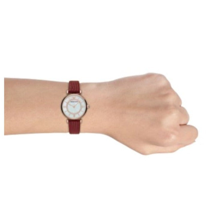 Emporio Armani Gianni T-Bar Analog Mother of Pearl Dial Red Leather Strap Watch For Women - AR11322 Buy Now By Emporio Armani
