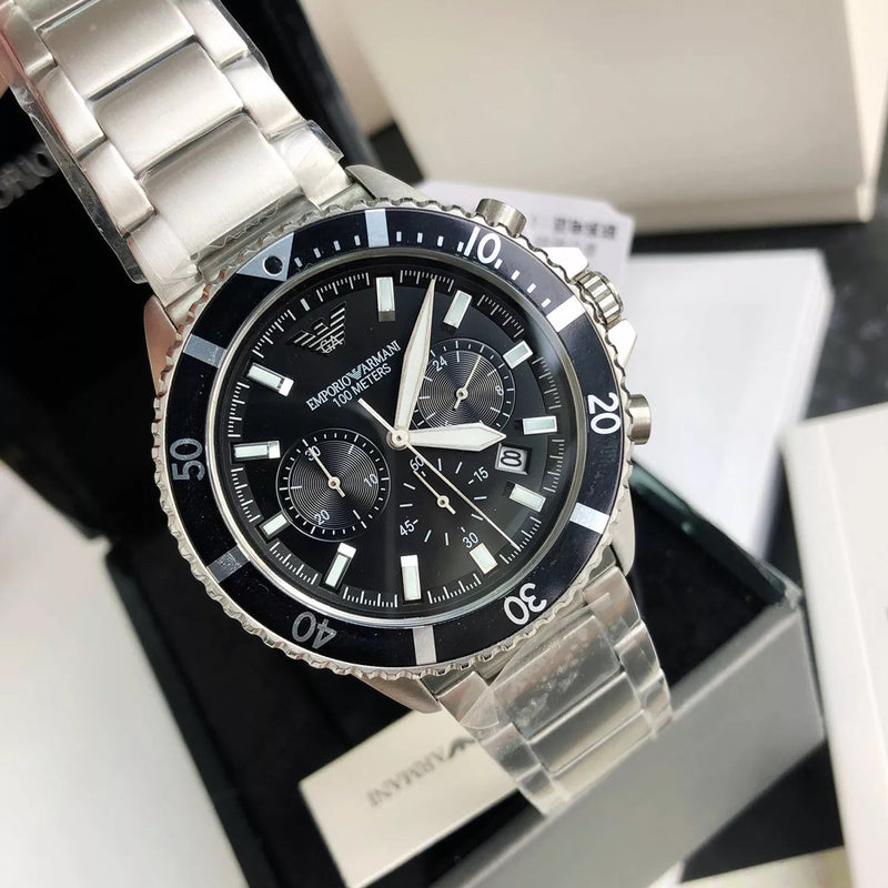 Emporio Armani Diver Chronograph Quartz Black Dial Silver Steel Strap Watch For Men - AR11360 Buy Now By Emporio Armani
