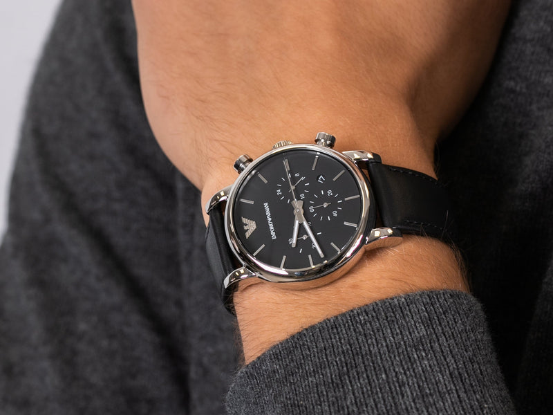 Emporio Armani Classic Chronograph Black Dial Black Leather Strap Watch For Men - AR1733 Buy Now By Emporio Armani