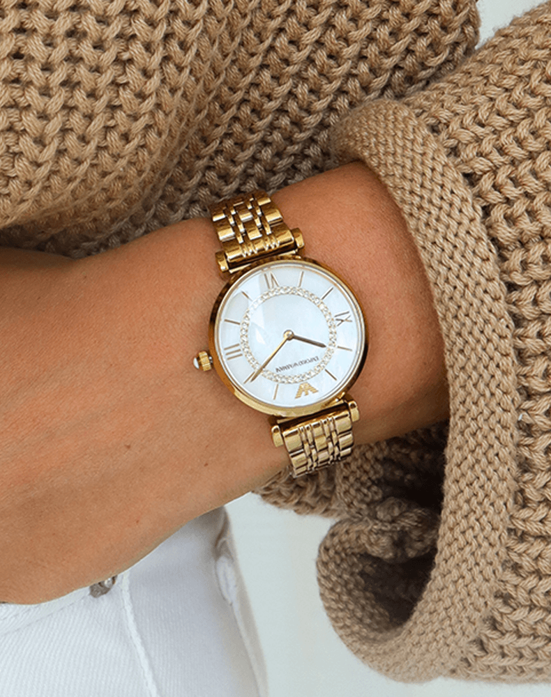 Emporio Armani Gianni T Bar White Mother of Pearl Dial Gold Steel Strap Watch For Women - AR1907 Buy Now By Emporio Armani