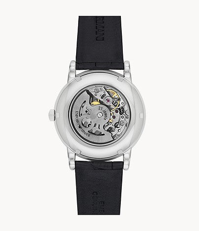 Emporio Armani Luigi Silver Skeleton Dial Black Leather Strap Watch For Men - AR1981