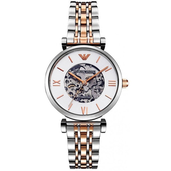 Emporio Armani Gianni T Bar Silver Skeleton Dial Two Tone Strap Watch For Women - AR1992 Buy Now By Emporio Armani
