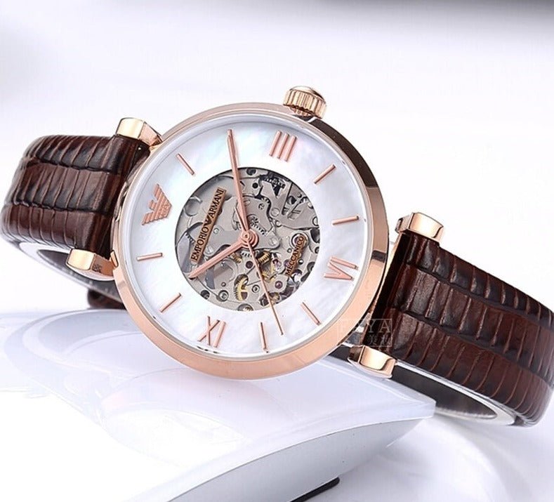 Emporio Armani Meccanico Skeleton Mother of Pearl Dial Brown Leather Strap Watch For Women - AR1993 Buy Now By Emporio Armani
