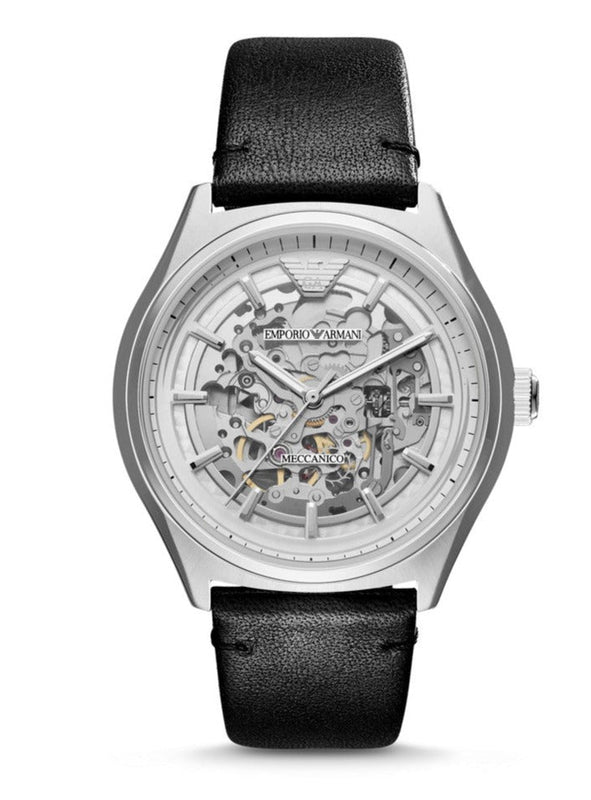 Emporio Armani Meccanico White Skeleton Dial Black Leather Strap Watch For Men - AR60003