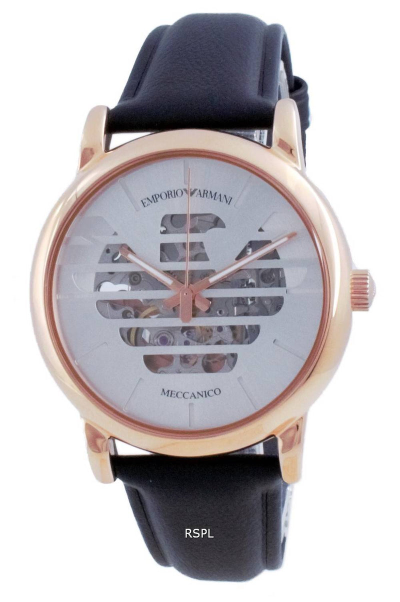 Emporio Armani Meccanico Skeleton Silver Dial Black Leather Strap Watch For Men - AR60031 Buy Now By Emporio Armani
