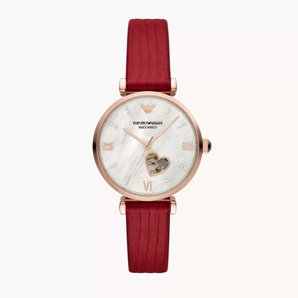 Emporio Armani Gianni T-Bar Mother of Pearl White Dial Red Leather Strap Watch For Women - AR60048