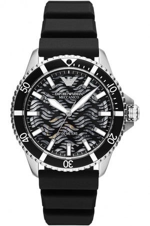 Emporio Armani Sea Explorer Meccanico Automatic Black Dial Black Silicone Strap Watch For Men - AR60062
