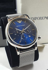 Emporio Armani Luigi Chronograph Blue Dial Silver Mesh Bracelet Watch For Men - AR80038 Buy Now By Emporio Armani