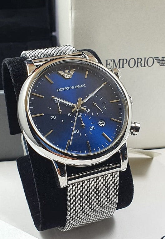 Emporio Armani Luigi Chronograph Blue Dial Silver Mesh Bracelet Watch For Men - AR80038 Buy Now By Emporio Armani