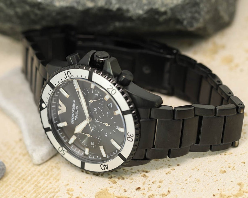 Emporio Armani Diver Chronograph Black Dial Black Steel Strap Watch For Men - AR80050 Buy Now By Emporio Armani