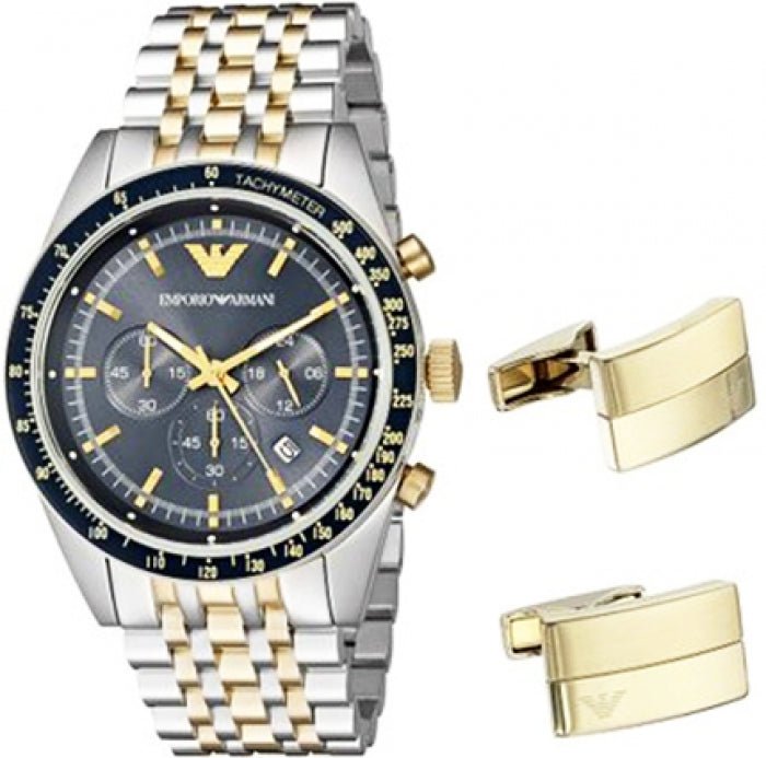 Emporio Armani Tazio Chronograph Blue Dial Gold & Silver Stainless Steel Strap Watch For Men - AR8030 Buy Now By Emporio Armani