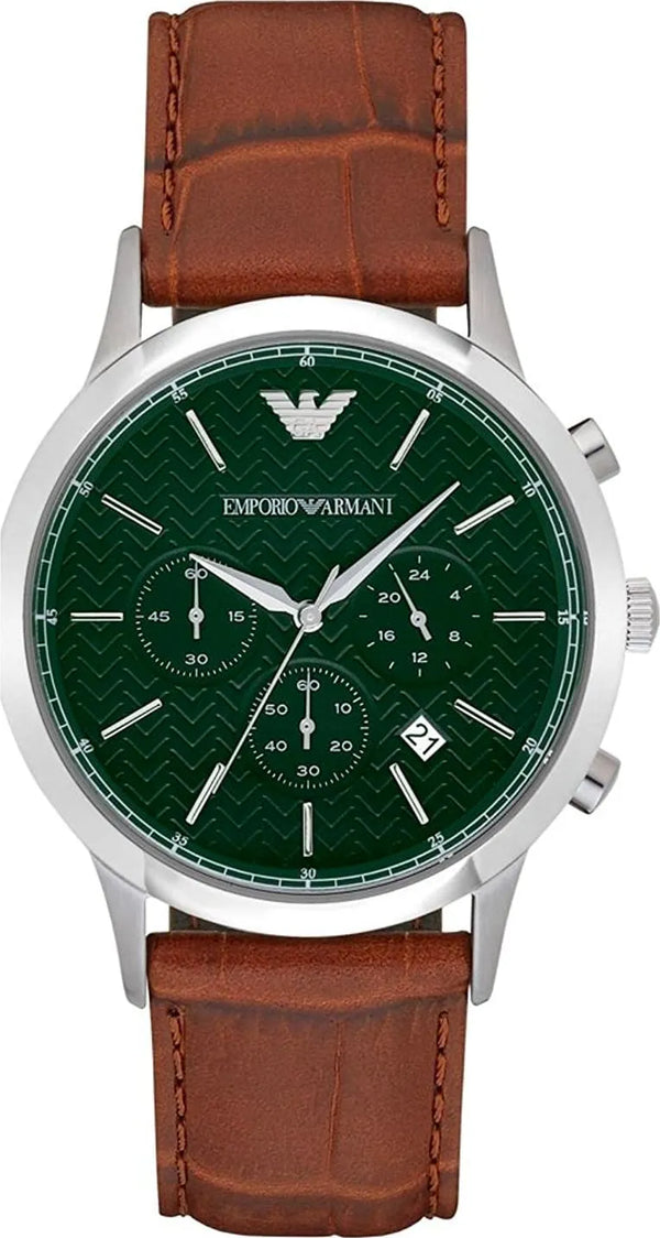 Emporio Armani Renato Chronograph Green Dial Brown Leather Strap Watch For Men - AR2493 Buy Now By Emporio Armani
