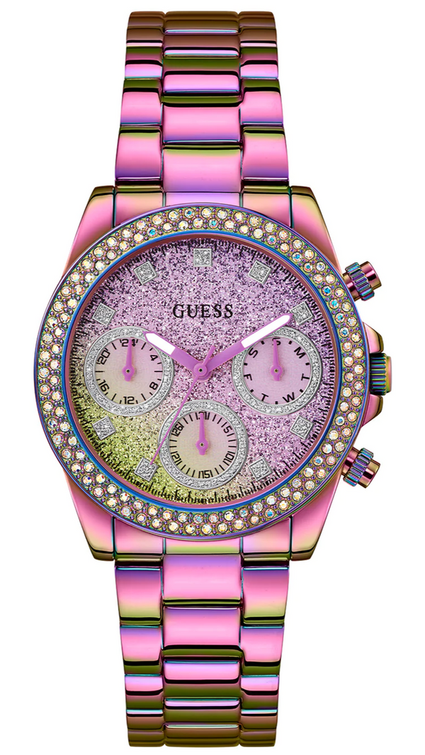 Shop Guess Confetti Chronograph Crystals Multicolor Dial Purple Steel Strap Watch For Women - GW0483L5 in USA
