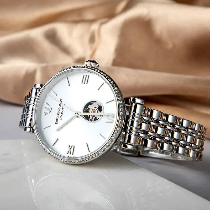 Emporio Armani Gianni T-Bar Automatic Silver Dial Silver Steel Strap Watch For Women - AR60022 Buy Now By Emporio Armani
