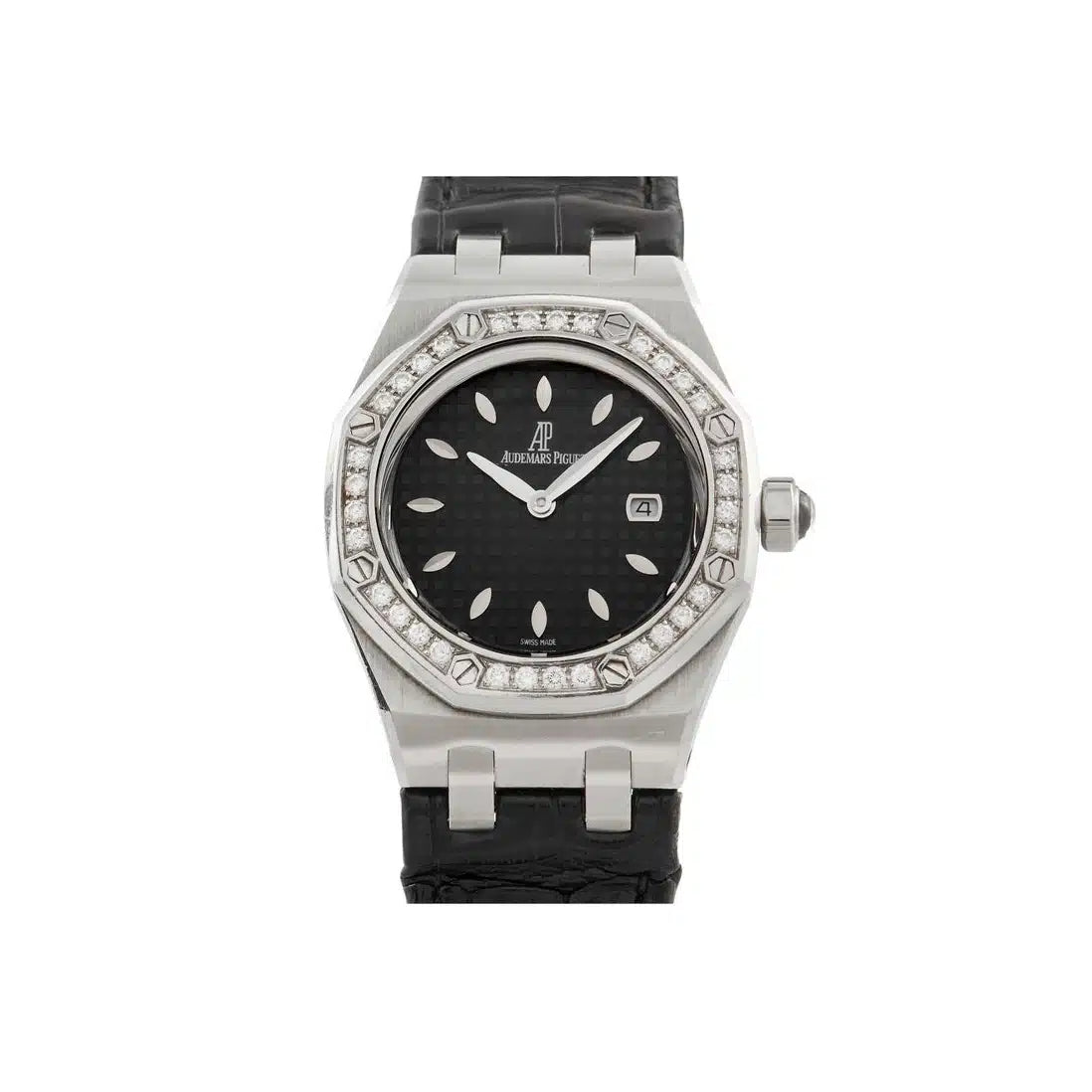 Audemars Piguet Royal Oak Quartz Diamonds Black Dial Black Leather Strap Watch for Women - 67621ST.ZZ.D002CR.01