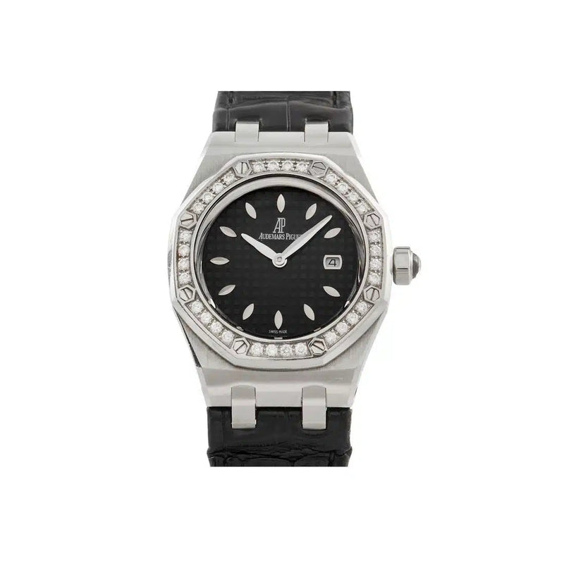 Audemars Piguet Royal Oak Quartz Diamonds Black Dial Black Leather Strap Watch for Women - 67621ST.ZZ.D002CR.01