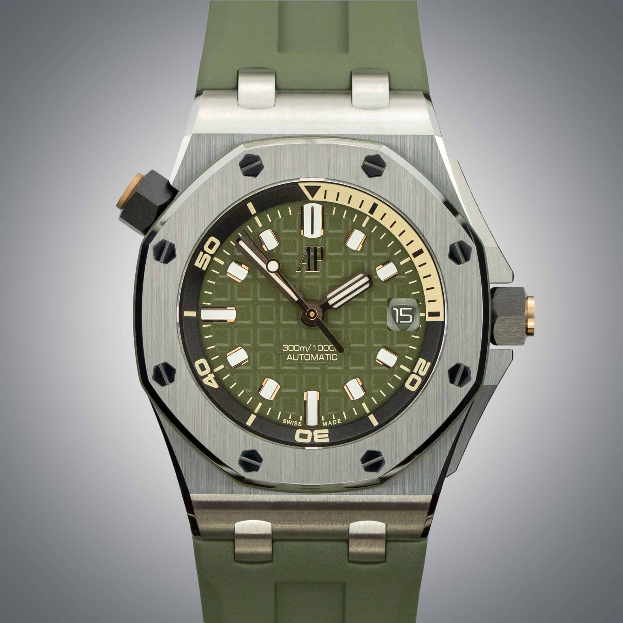 Audemars Piguet Royal Oak Offshore Diver Green Dial Green Rubber Strap Watch for Men - 15720ST.OO.A052CA.01
