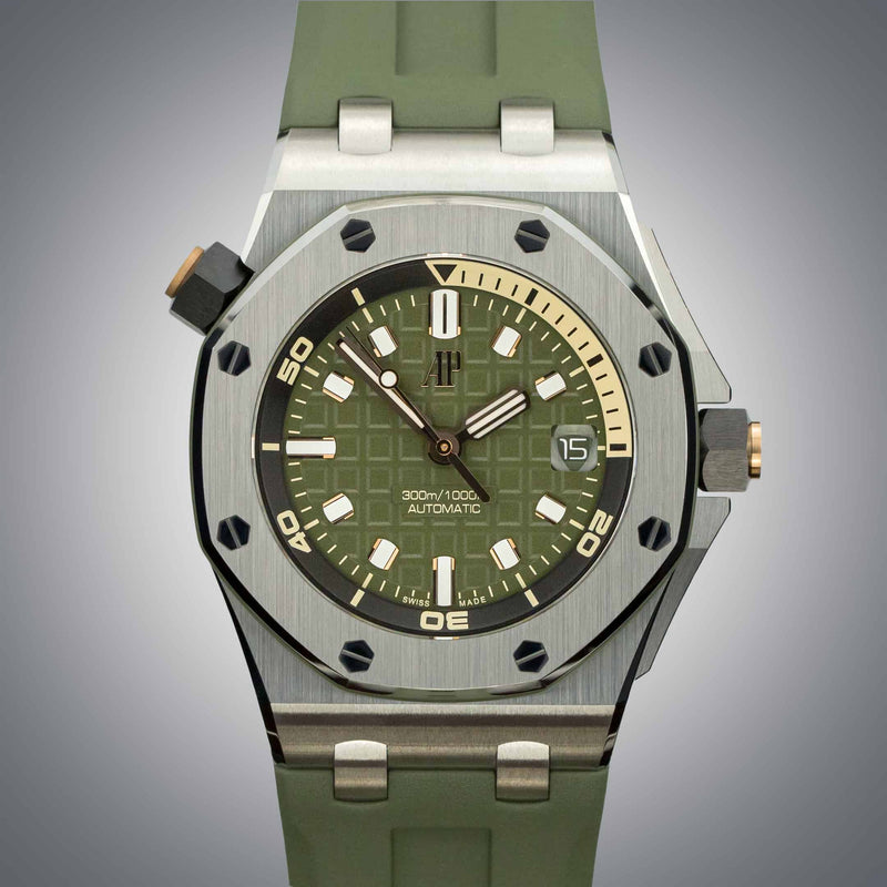 Audemars Piguet Royal Oak Offshore Diver Green Dial Green Rubber Strap Watch for Men - 15720ST.OO.A052CA.01