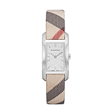 Burberry The Pioneer Silver Dial Haymarket Beige Leather Strap Watch for Women - BU9406