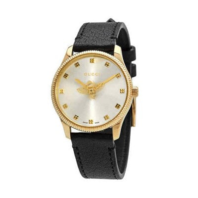 Shop Gucci G Timeless Quartz Silver Dial Black Leather Strap Watch For Women - YA1265023 in USA
