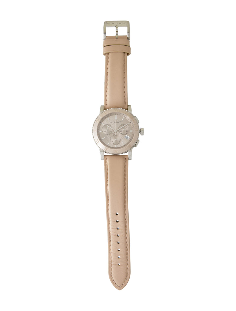 Shop Burberry The City Chronograph Rose Gold Dial Beige Leather Strap Watch For Women - BU9702 in USA