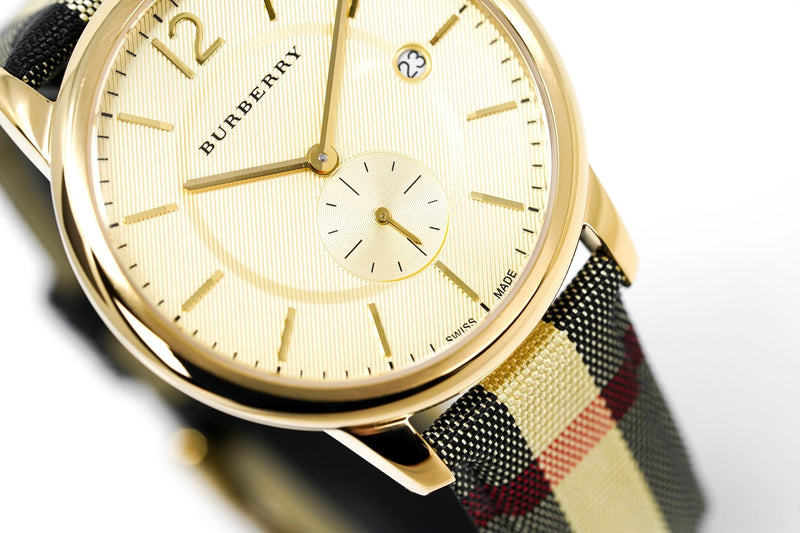 Shop Burberry The Classic Round Gold Dial Brown Leather Strap Unisex Watch - BU10001 in USA