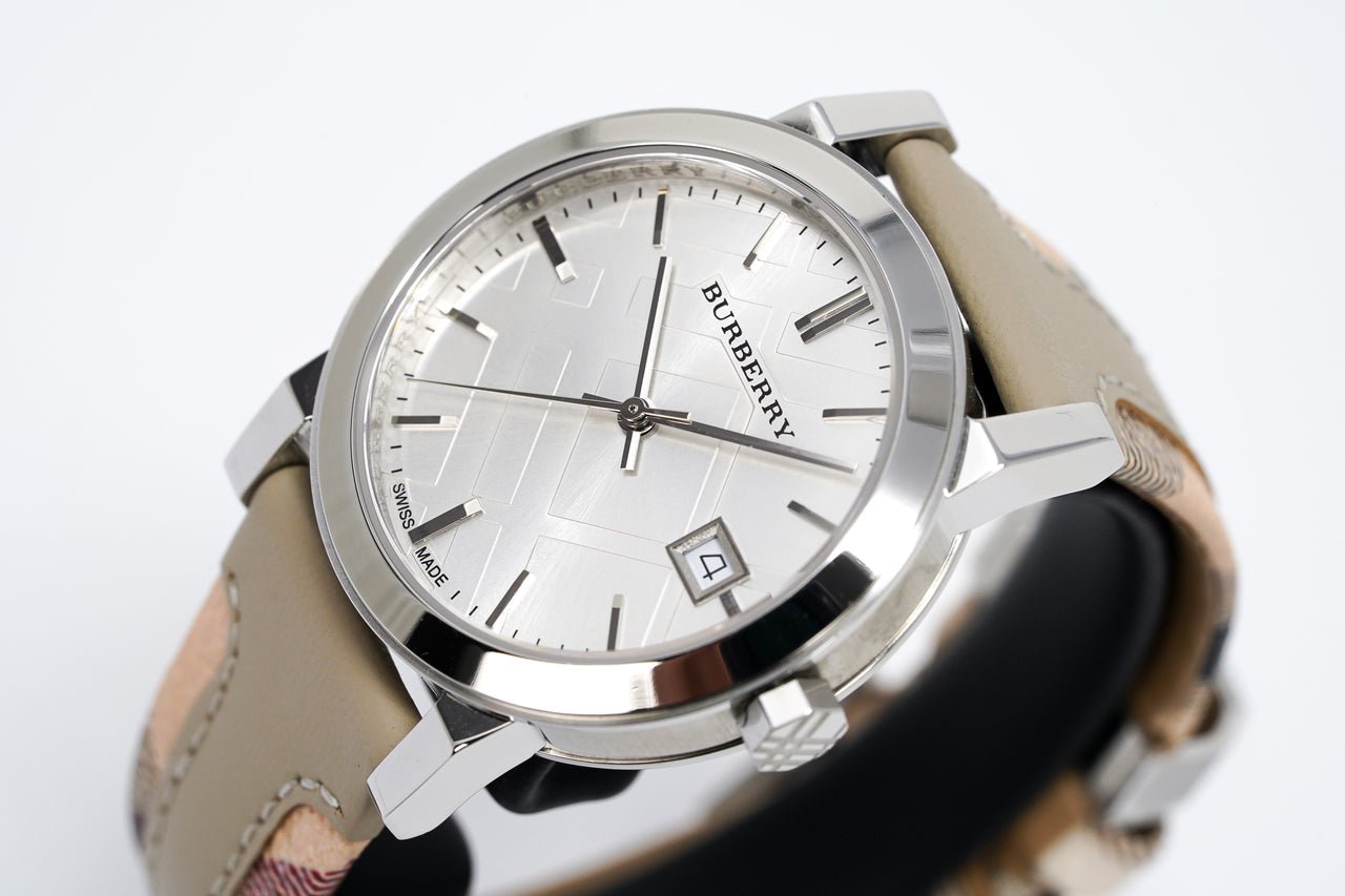 Burberry The City White Dial Beige Leather Strap Watch for Women - BU9132