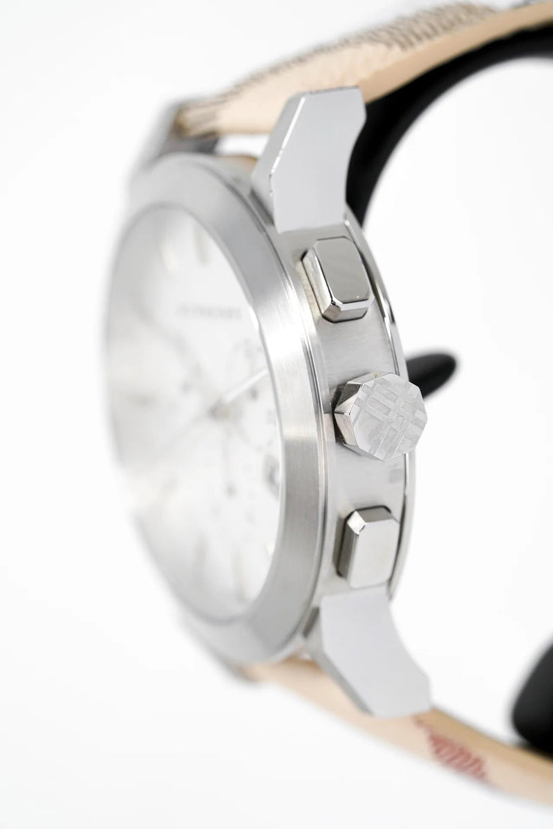 Burberry The City Chronograph White Dial Haymarket Leather Strap Watch For Men - BU9360 Buy Now By Burberry
