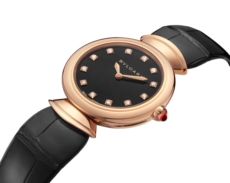 Shop Bvlgari Divas Dream Quartz Diamonds Black Dial Black Leather Strap Watch for Women - DREAM102841 in USA