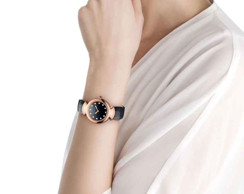 Shop Bvlgari Divas Dream Quartz Diamonds Black Dial Black Leather Strap Watch for Women - DREAM102841 in USA