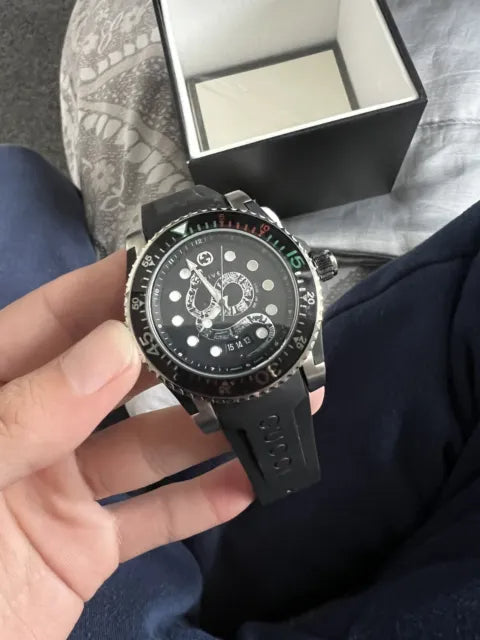 Shop Gucci Dive Quartz Kingsnake Black Dial Black Rubber Strap Watch For Men - YA136217 in USA