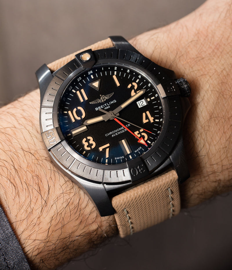 Shop Breitling Avenger Automatic GMT 45 Black Dial Brown Nylon Strap Watch for Men - V32395101B1X1 in USA