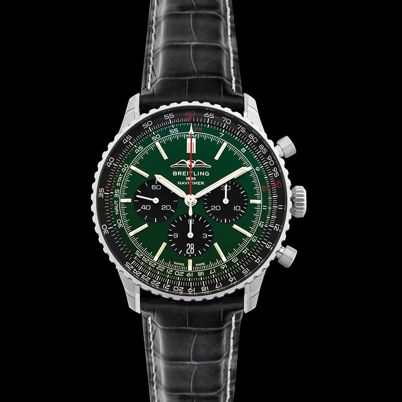 Shop Breitling Navitimer B01 Chronograph 46 Green Dial Black Leather Strap Watch for Men - AB0137241L1P1 in USA