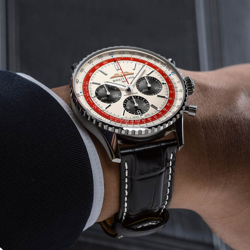 Shop Breitling Navitimer B01 Chronograph 43 Boeing 747 White Dial Black Leather Strap Watch for Men - AB01383B1G1P1 in USA