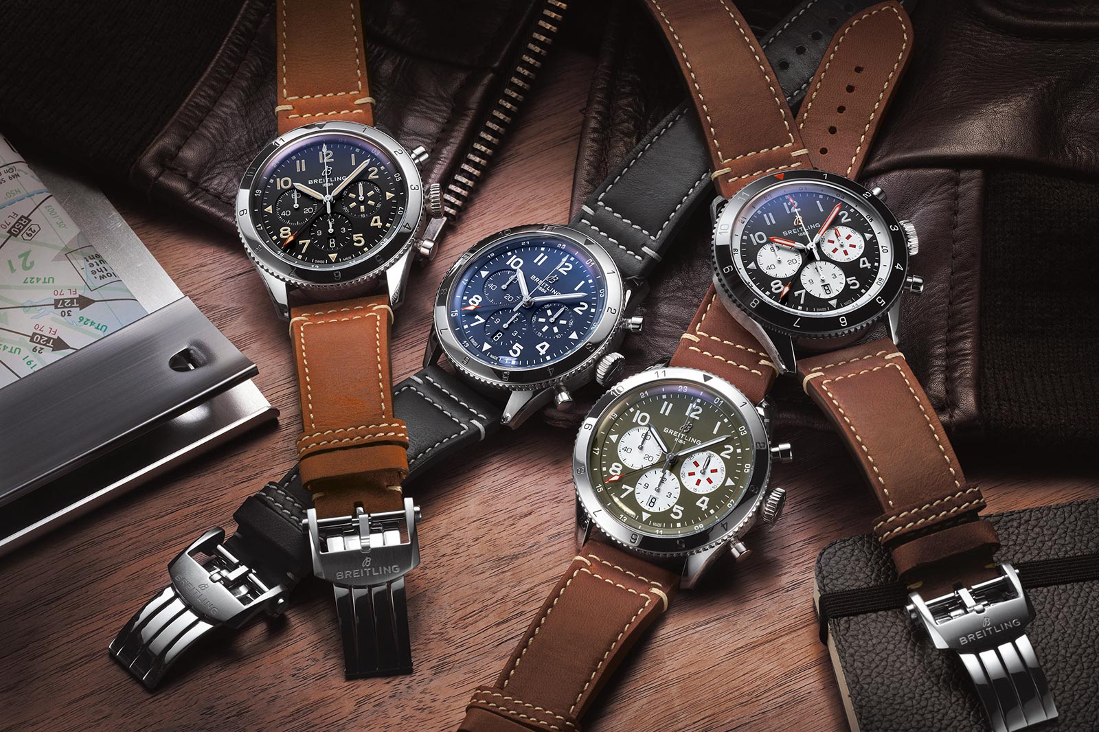 Breitling Super Avi B04 Chronograph GMT 46 P-51 Mustang Grey Dial Black Leather Strap Watch for Men - RB04451A1B1X1